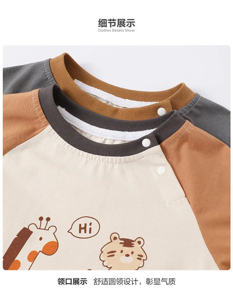 2025 Spring Autumn Children Boy Long Sleeves Cotton Animal Print Baby Boy Tees Loose Round Collar Spliced Raglan Kid Boy T-shirt