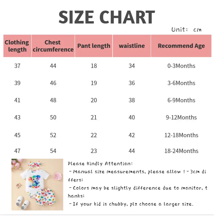 3PCS Newborn Baby Girl Clothing Set Short Sleeved Elephant Bodysuit+Flower Shorts Summer Casual Outfits for 0-24 Months Toddler