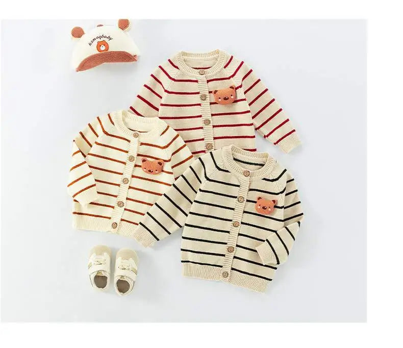 Spring Autumn 0-3 Years Baby Boys Sweater Striped 3D Bear Single Breasted Newborn Boys Knitwear Elastic Hem Infant Boys Knitwear