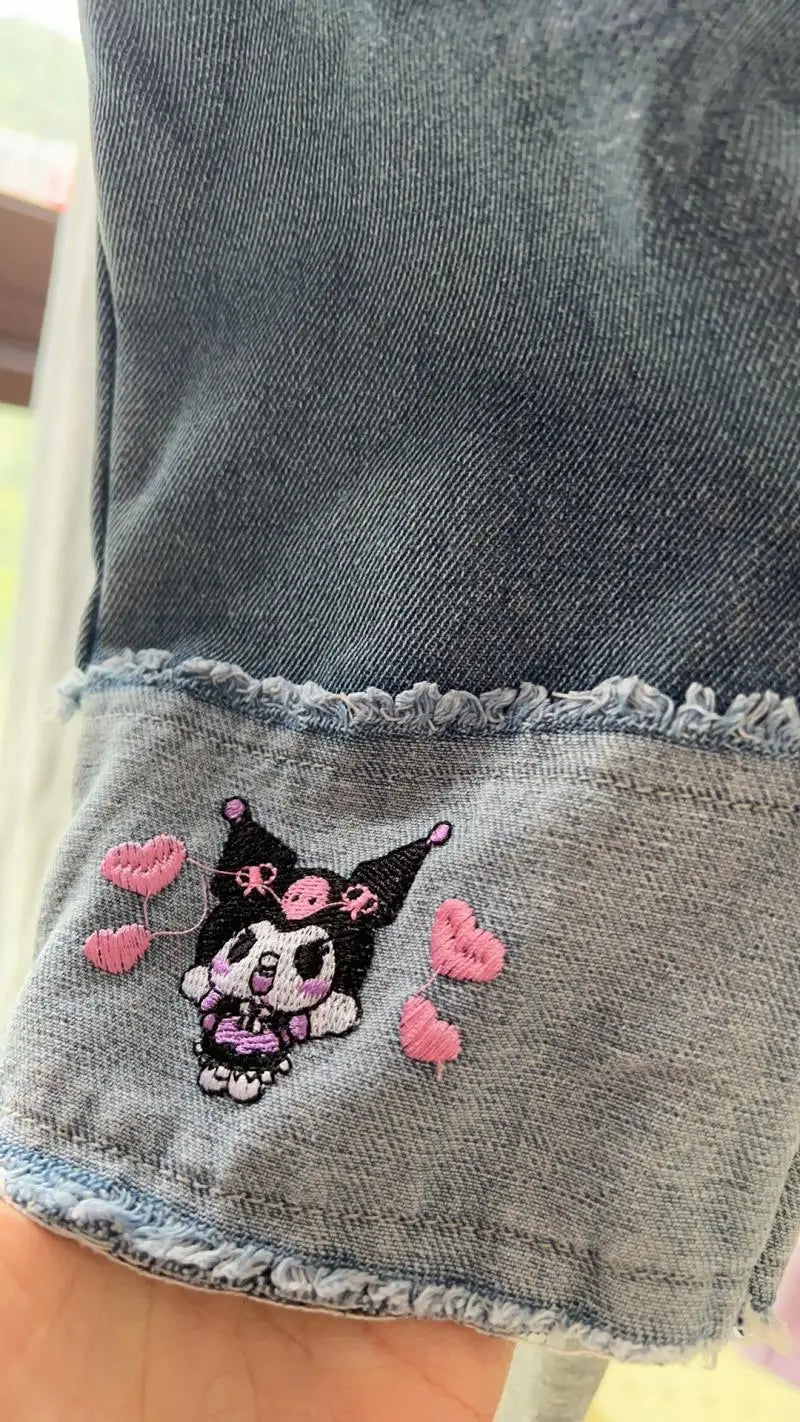 Cartoon Kuromi Girls Wide Leg Jeans Spring  Autumn Cute Elastic waist Versatile Straight Tube kids Childrens Wear Spring Pants