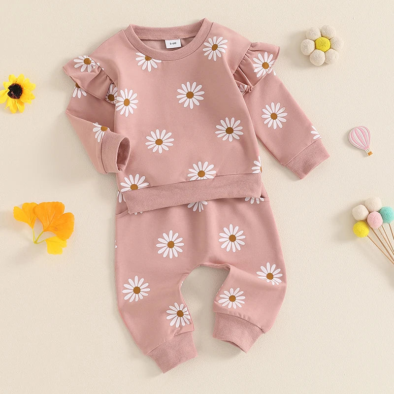 Toddler Kids Clothes Girls Clothing Floral Print Long Sleeve Loose Pullover Sweatshirts+Pocket Pants Sets