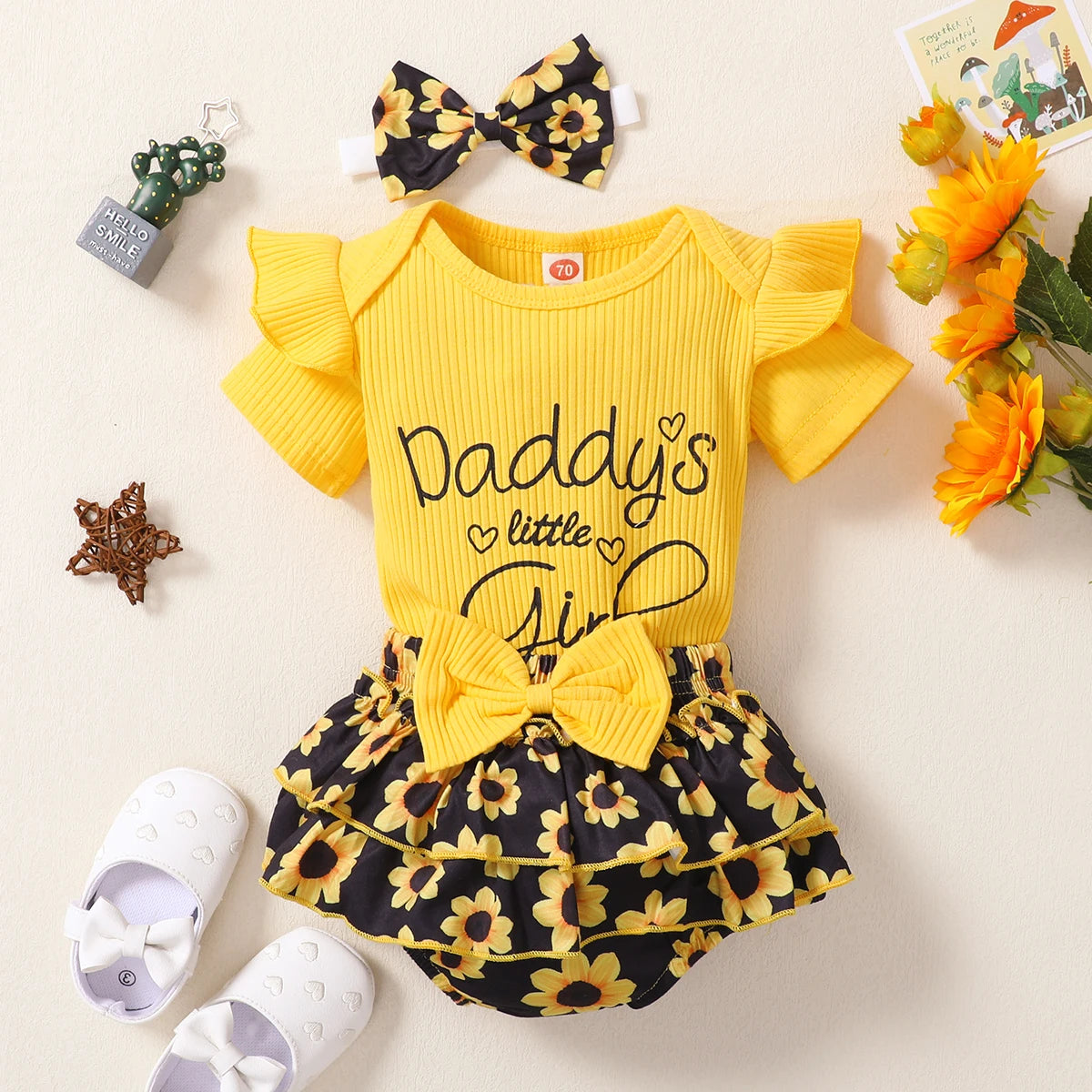 Baby girl monogrammed short sleeve sunflower double skirt shorts cute fashion suit