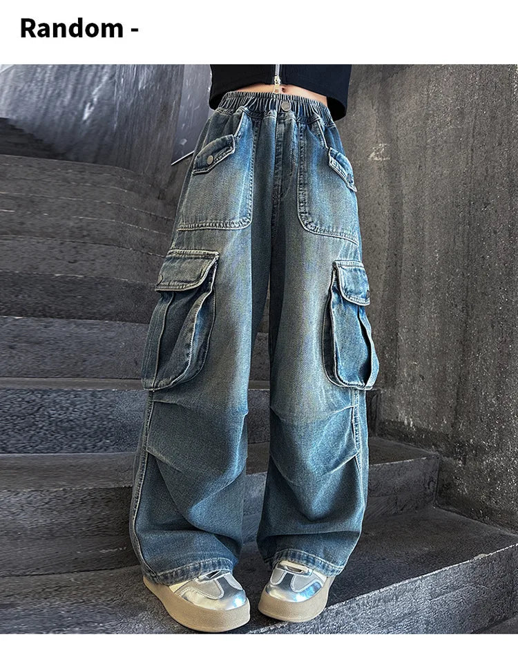 2025 Teenage Girls Jeans with Big Pocket Four Seasons High Waist Fashion Blue Cargo Denim Pants 2024 Hot Sale Wide Leg Trousers