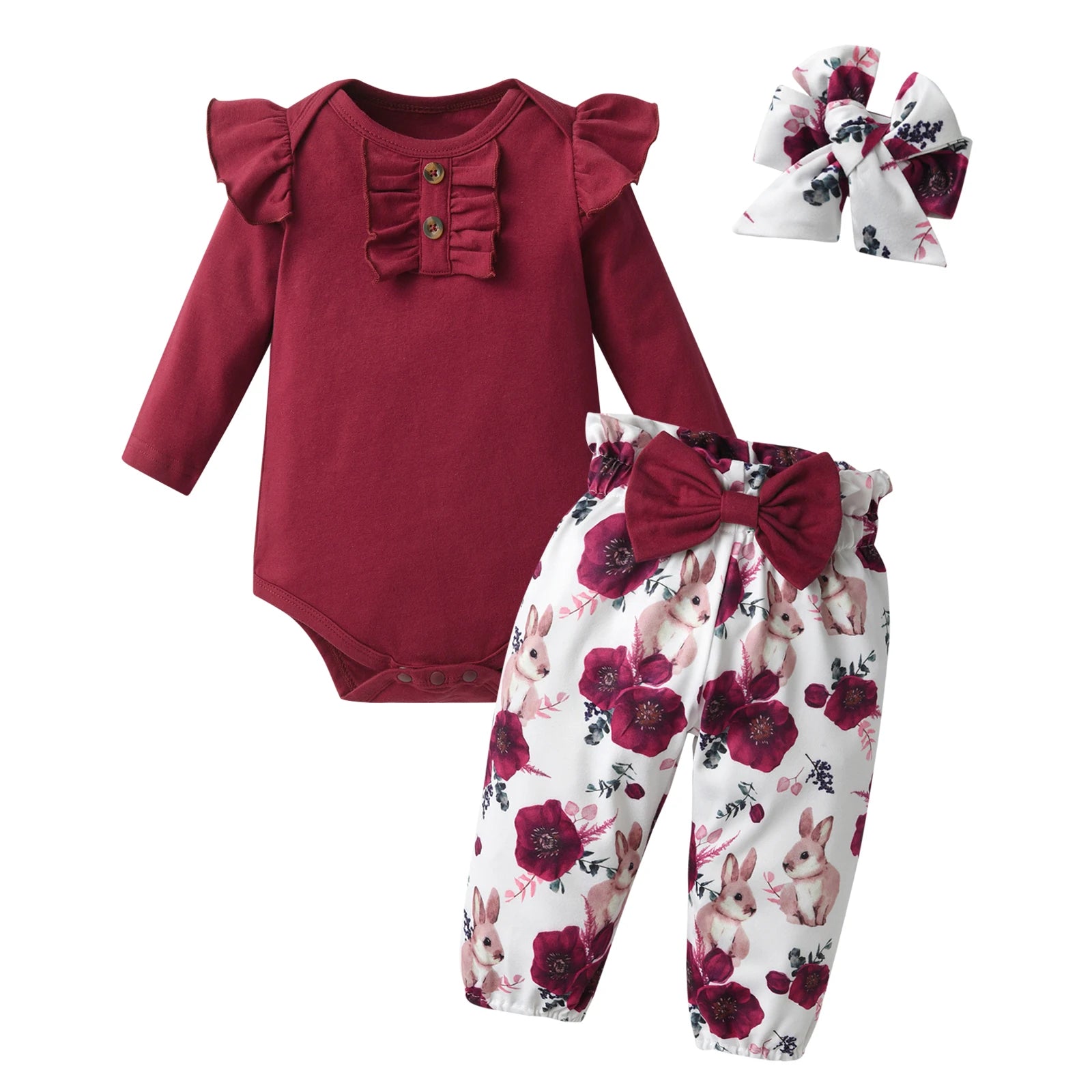 Newborn infant Baby Girls Fashion Clothes Set Letters Printed Cotton Long Sleeve Bodysuit Top + Hearts Pattern Pants + Headband