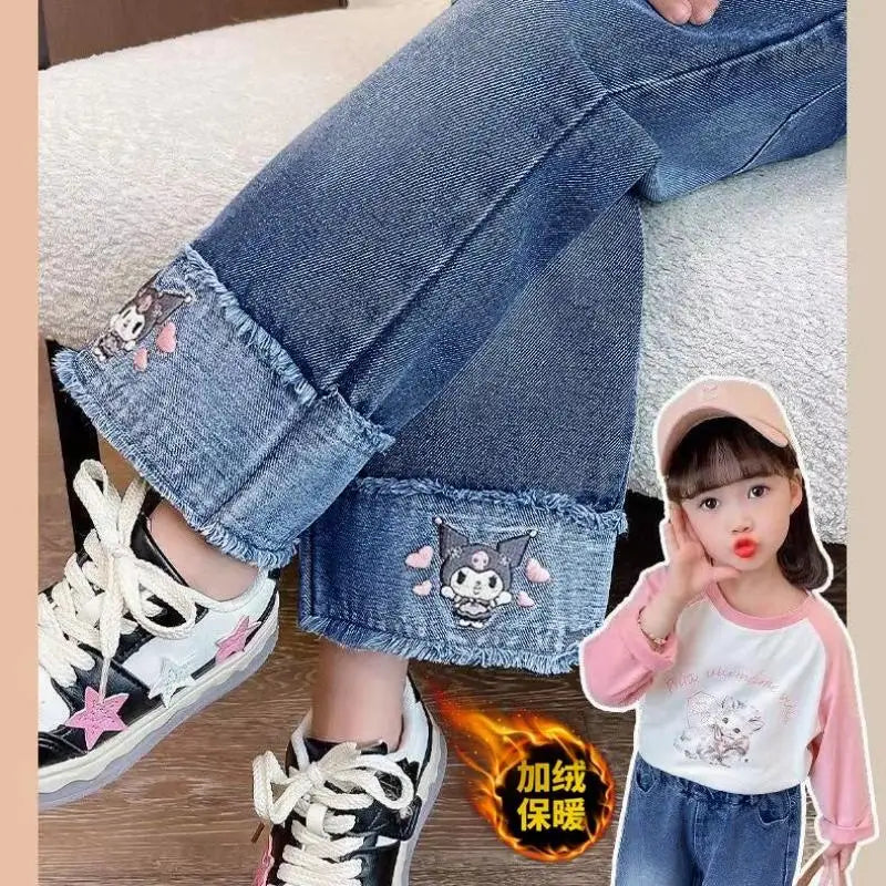 Cartoon Kuromi Girls Wide Leg Jeans Spring  Autumn Cute Elastic waist Versatile Straight Tube kids Childrens Wear Spring Pants