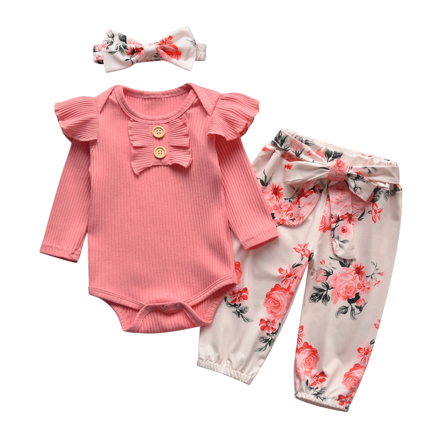 Newborn infant Baby Girls Fashion Clothes Set Letters Printed Cotton Long Sleeve Bodysuit Top + Hearts Pattern Pants + Headband