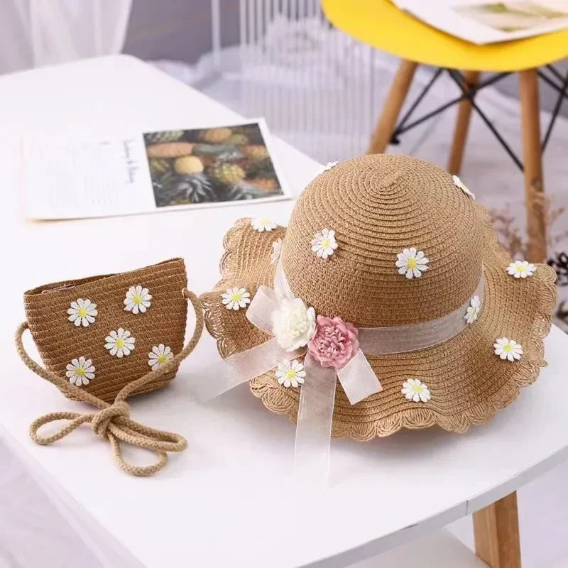 Kids Hat For Girls 2-7Y Straw Children's Sunshade Cap Bag Summer Baby Travel Sunscreen Beach Hat Sun Fisherman Cap Fashion Style