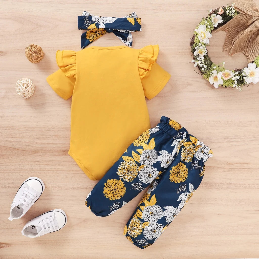 Newborn Baby Girls Clothing Set Infants Girl Short Sleeve Bodysuit+Floral Pants with Bow+Headband 3PCS Outfits for 0-18 Months