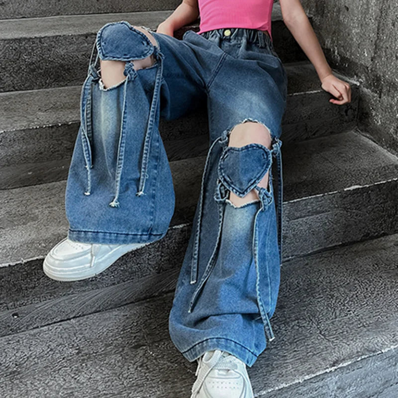 Girls Ripped Jeans Summer New Children's Loose Wide-leg Pants Kids Clothes Teenager Girl Fashion Heart Hollow Out Denim Trousers