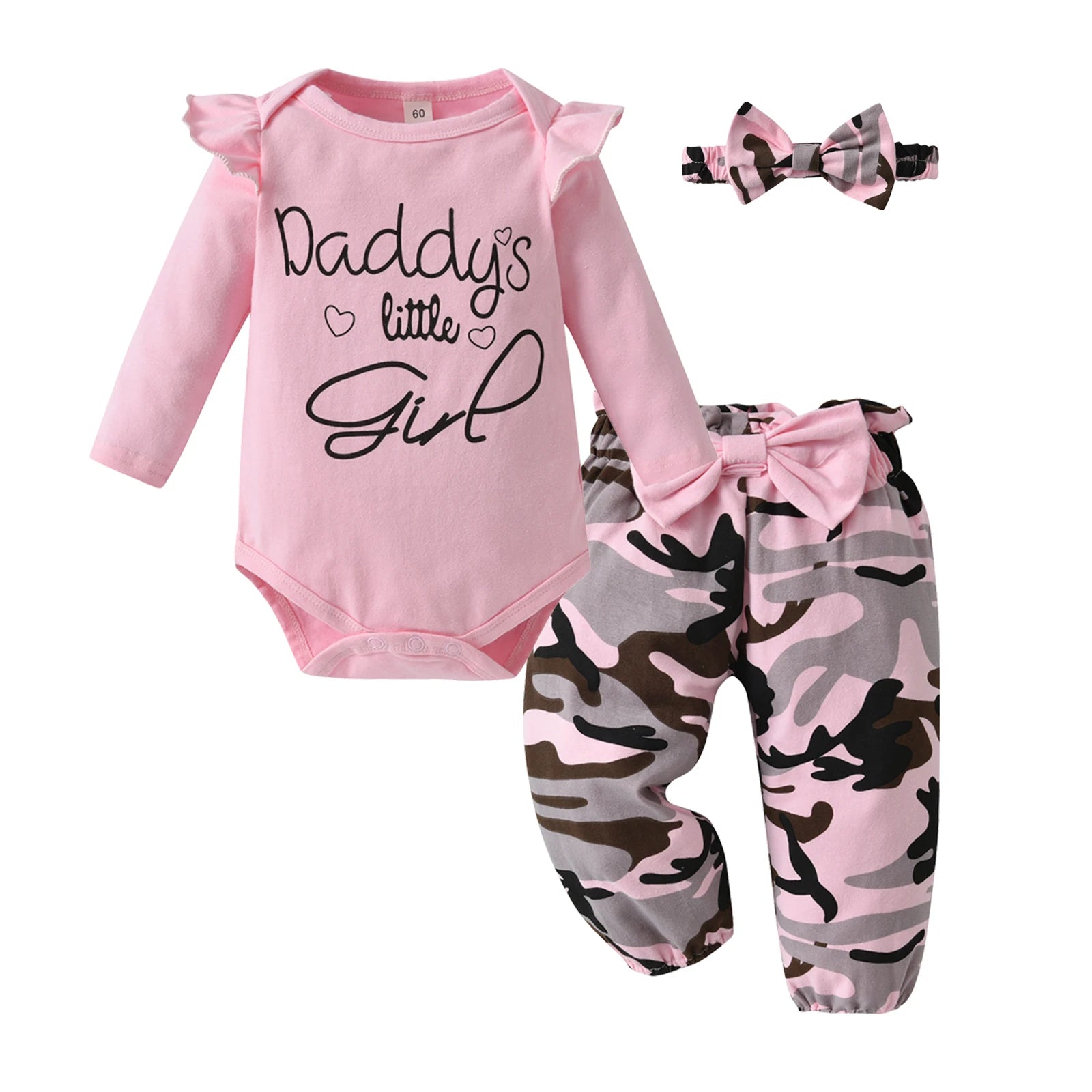 Newborn infant Baby Girls Fashion Clothes Set Letters Printed Cotton Long Sleeve Bodysuit Top + Hearts Pattern Pants + Headband