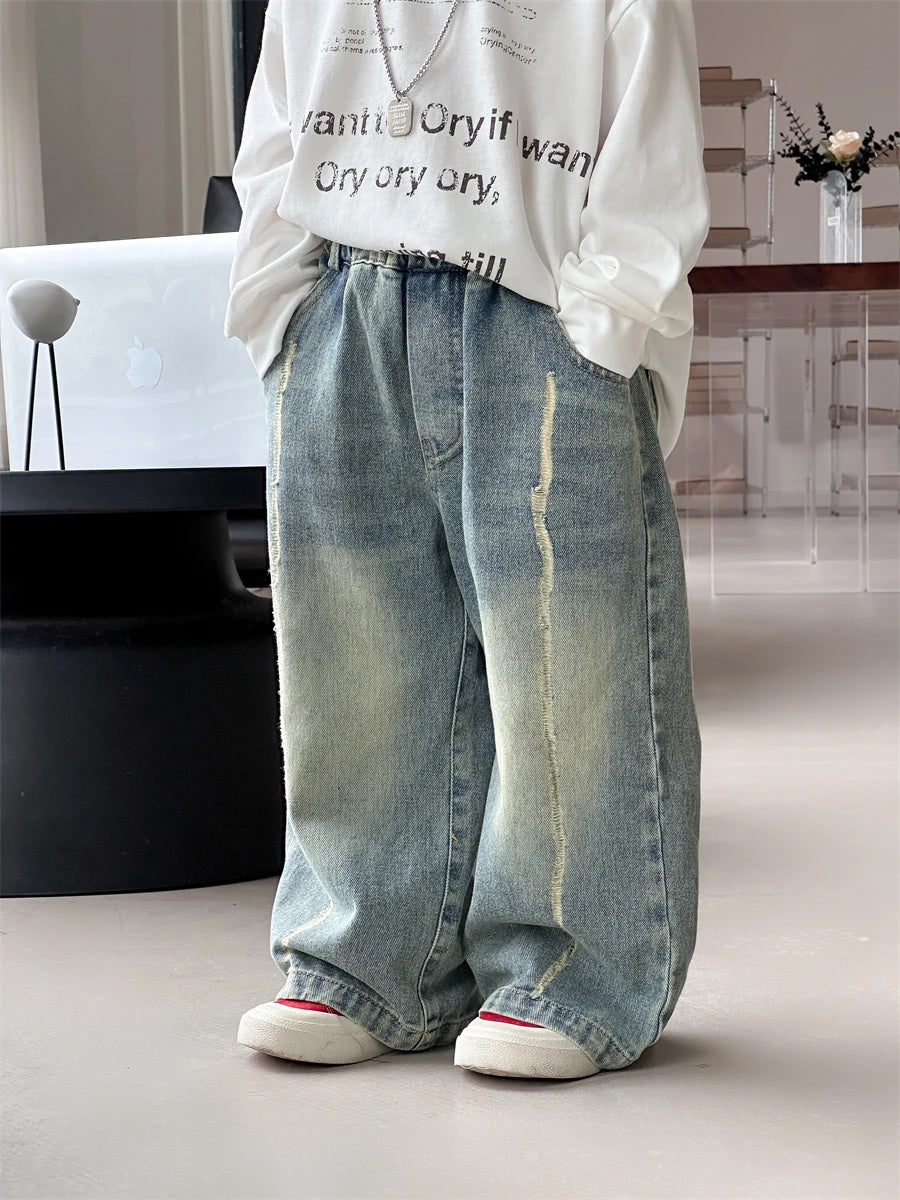 Baby autumn pants boys autumn version of Korean children's wear 2024 new pants in the wear-and-tear jeans trend