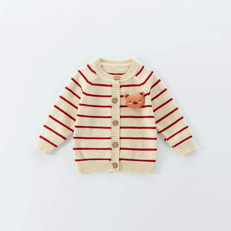 Spring Autumn 0-3 Years Baby Boys Sweater Striped 3D Bear Single Breasted Newborn Boys Knitwear Elastic Hem Infant Boys Knitwear