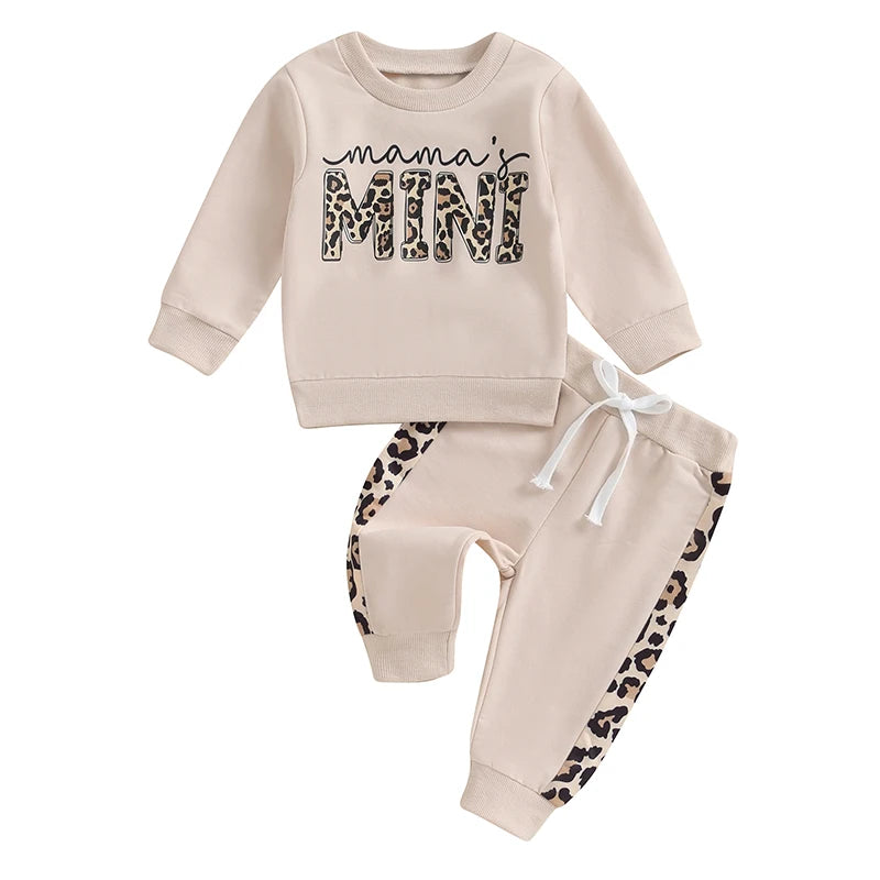 2 Pcs Toddler Baby Girl Spring Fall Clothes Letter/ Leopard Print Long Sleeve Pullover Tops Pocket Pants Casual Outfit