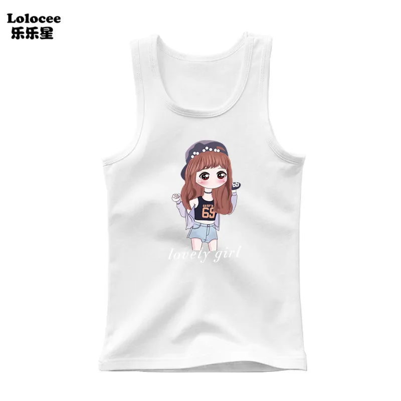 2023 New Girls Cute Singlet Underwear Princess Cotton Tank Tops Cartoon Kawaii Girl Print Sleeveless Shirt