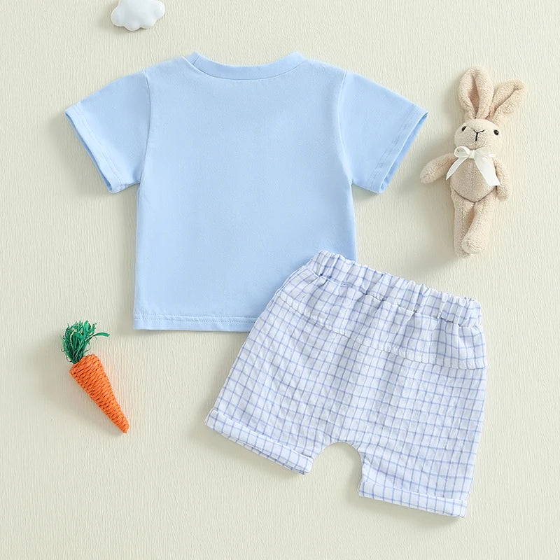 Citgeett Summer Easter Toddler Baby Boys Outfits Bunny Embroidery Short Sleeves T-Shirt Elastic Plaid Shorts Set Clothes