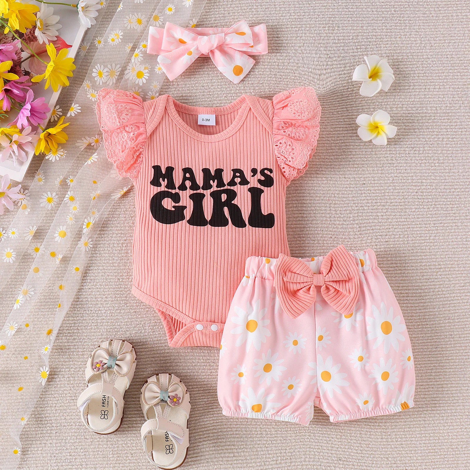 3PCS Summer 0-1 Year Old Girl Baby Sweet Fashionable Cute Letter Pit Strip Flying Sleeve Top + Printed Shorts Set