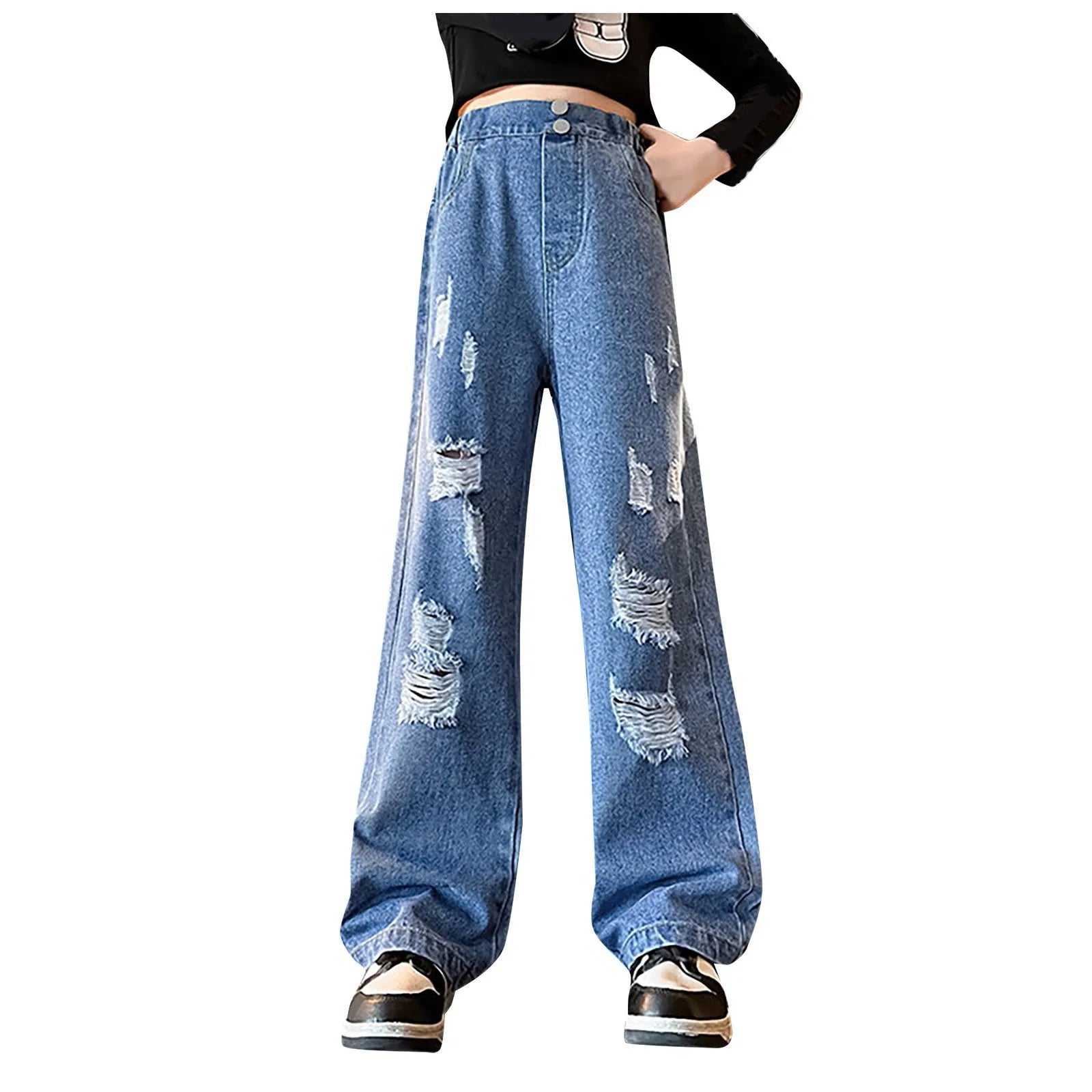 2024 Spring Autumn Girls Love Rough Edges Jean Korean Wide Leg Pants Teenagers Loose Elastic Waist Cowboy Pantalones De NiñA