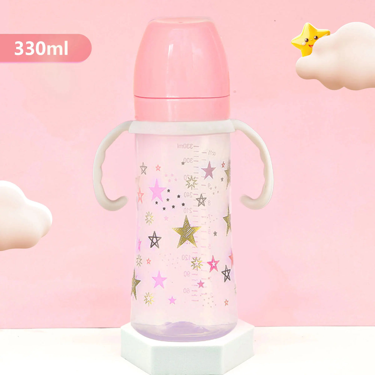 330ml star pattern baby bottle, bite-resistant, anti-flatulence PP bottle, large-capacity bottle for babies over 6 months old