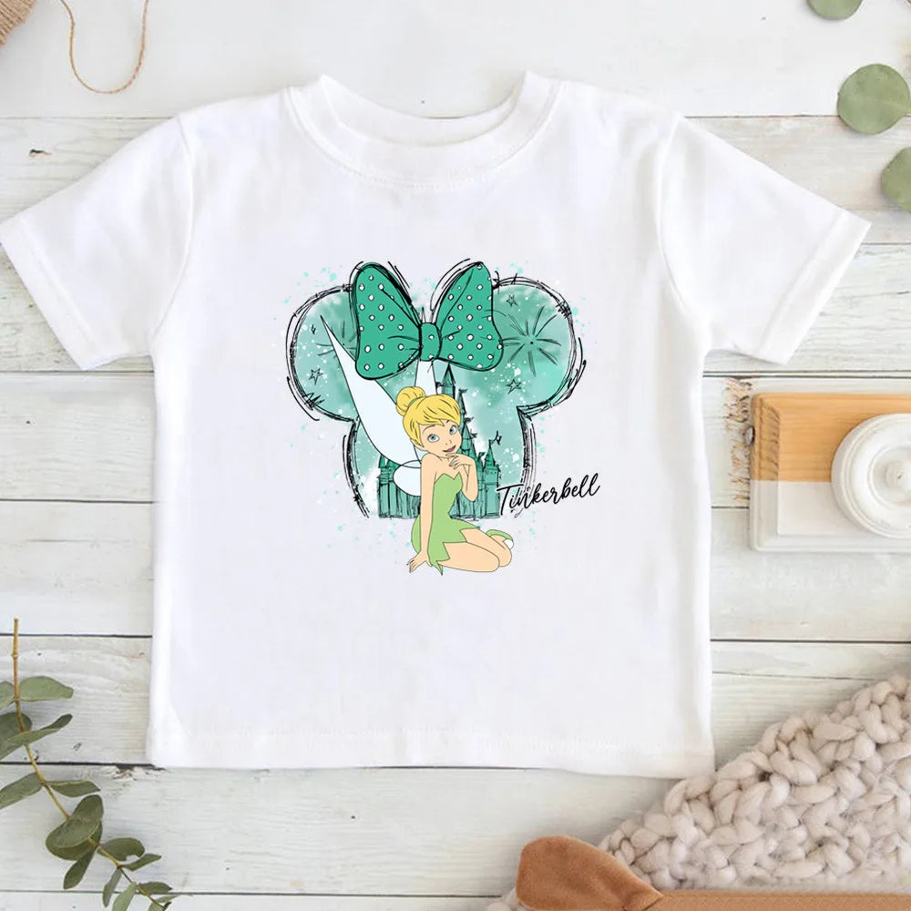 Cartoon Disney Princess Print T-shirts for Children Summer Cotton Short Sleeve Children Clothes Girl Tops