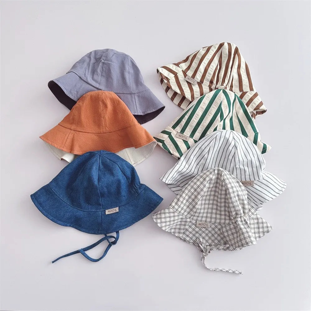 New Boy Children Striped Lacing Fisherman's Cap Girl Baby Solid Casual Sunscreen Hat Infant Cotton Caps Kid Windproof Basin Hats