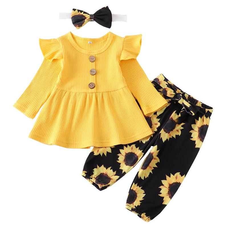 3Pcs Autumn Baby Girl Clothes Sets Infant Newborn Long Sleeve Tops Floral Print Pants Headband Solid Clothing Outfit 0 3-24M