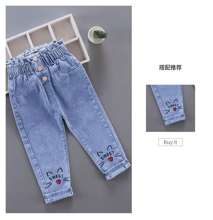 Children's fashion Spring and Autumn Jeans 2024New Boys' Korean Edition Cartoon Elastic Jeans Girls' Versatile Jeans 1-6Y