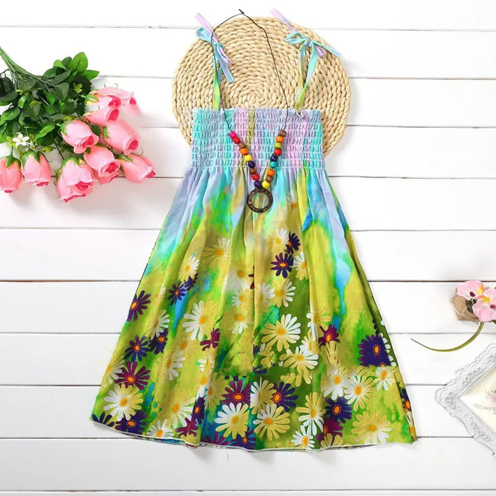 2024 Summer Dress Infant Kids Girls Baby Clothes Vestidos Floral Bohemian Beach Straps Dress  детская одежда Ropa Para NiñAs