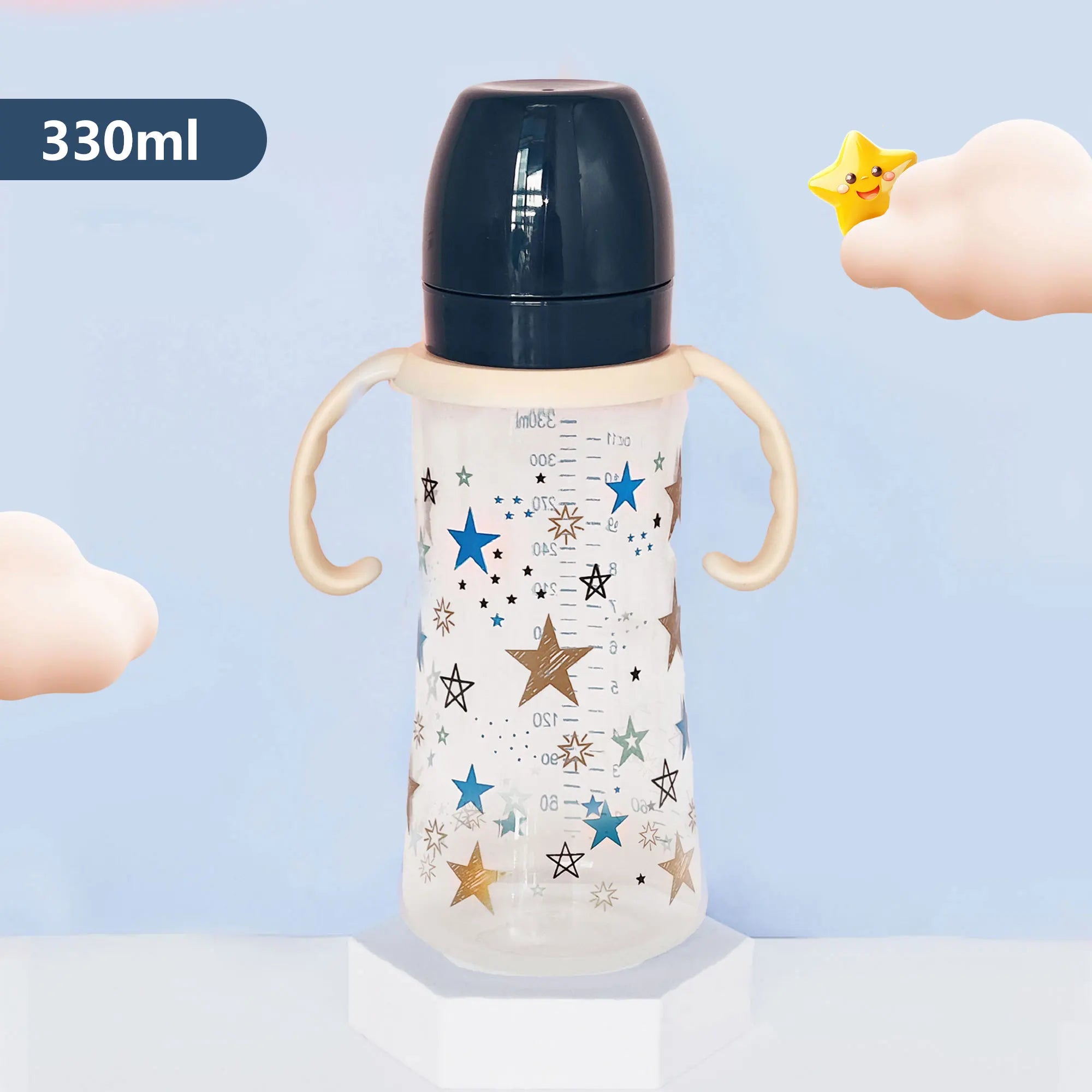 330ml star pattern baby bottle, bite-resistant, anti-flatulence PP bottle, large-capacity bottle for babies over 6 months old