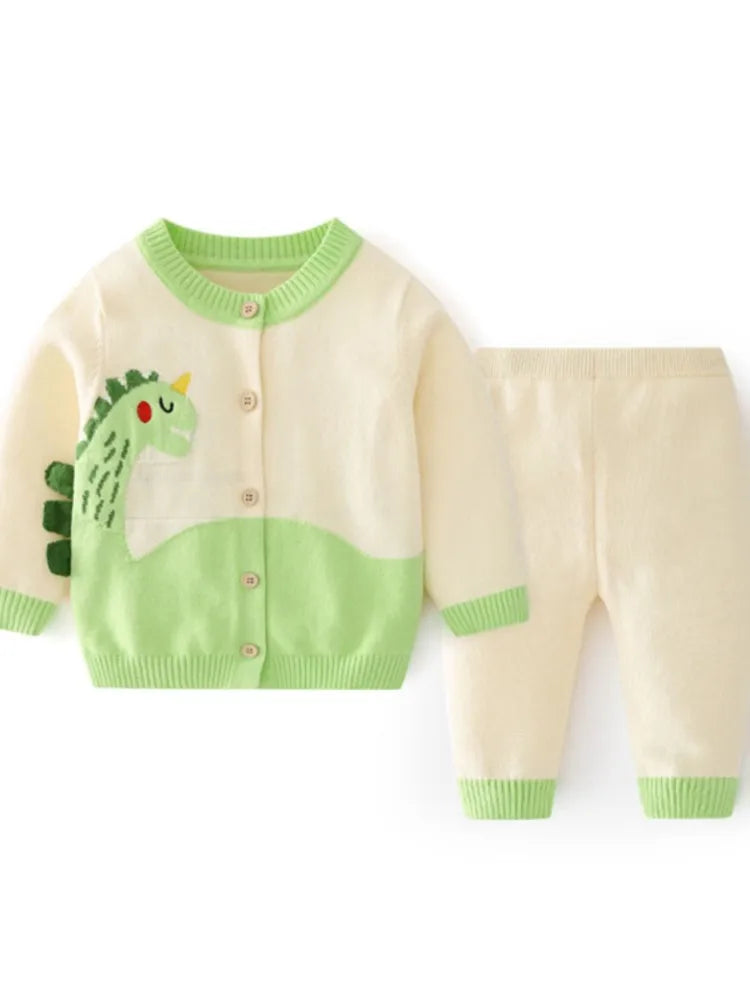 New Spring Autumn 0-3 Year Baby Boy 2PCS Clothes Set Patched Dinosaur Sweaters Woven Cotton Knitted Pants Suit Infant Boy Outfit