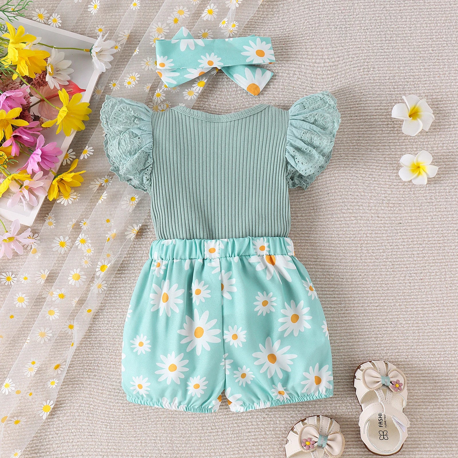 3PCS Summer 0-1 Year Old Girl Baby Sweet Fashionable Cute Letter Pit Strip Flying Sleeve Top + Printed Shorts Set