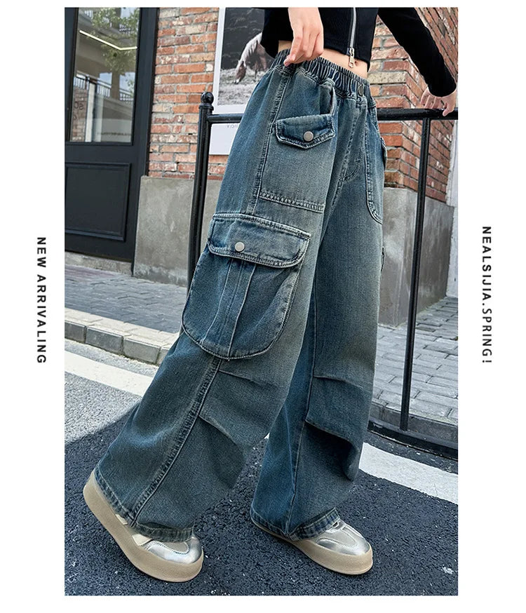 2025 Teenage Girls Jeans with Big Pocket Four Seasons High Waist Fashion Blue Cargo Denim Pants 2024 Hot Sale Wide Leg Trousers