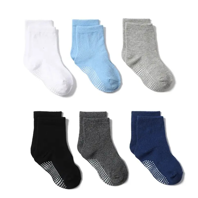 6 Pairs/lot Cotton Sock with Rubber Grips Children's Anti-slip Boat Socks Non-slip Socks for Boys1-7Years