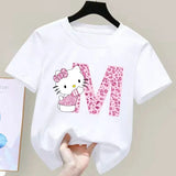 Hello Kitty Letter A-Z Children's Cotton Short-sleeved Top Sanrio Summer T-shirt Girly Heart Soft Clothes Kawaii Birthday Gift