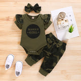 Infant Baby Girl Clothes Set Cotton Solid Letters Short Sleeve Romper Camouflage Pants and Bowknot Headband 3pcs Outfit