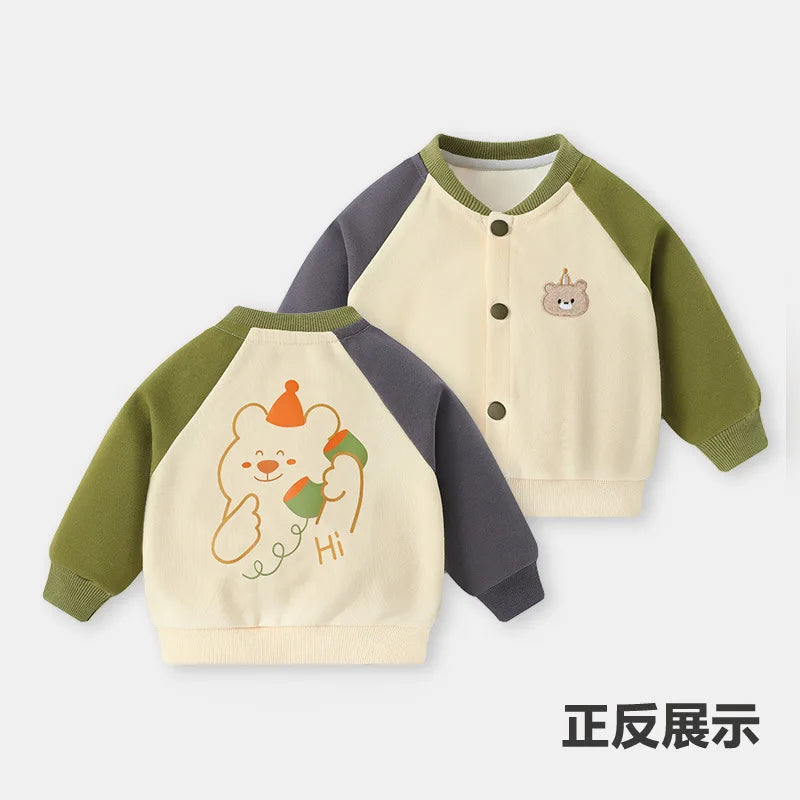 Spring Autumn Children Boy Baseball Uniform Cotton Bear Dinosaur Baby Boy Jackets V-collar Spliced Raglan Sleeve Infant Boy Coat