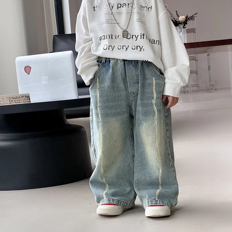 Baby autumn pants boys autumn version of Korean children's wear 2024 new pants in the wear-and-tear jeans trend