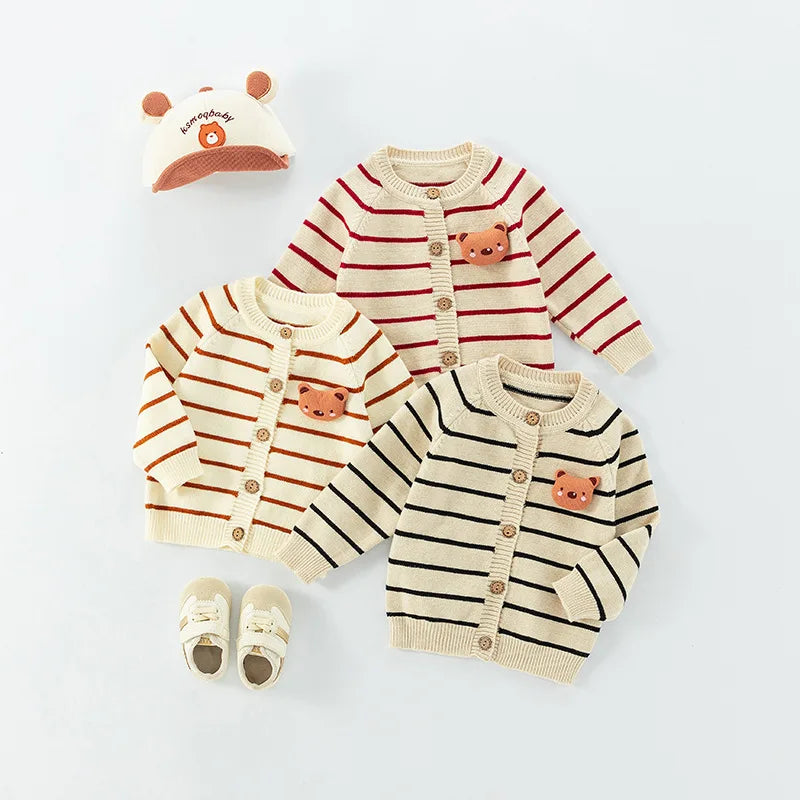 Spring Autumn 0-3 Years Baby Boys Sweater Striped 3D Bear Single Breasted Newborn Boys Knitwear Elastic Hem Infant Boys Knitwear