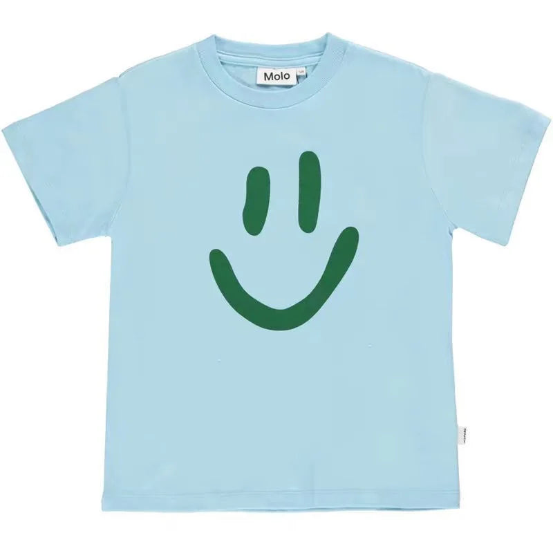 Boys Clothes Molo Brand New Summer Sale Smile Face Kids T-shirts Short Sleeve Cute Cartoon Tops Cotton Tee Toddler Girls Outwear