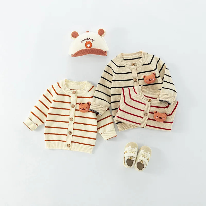 Spring Autumn 0-3 Years Baby Boys Sweater Striped 3D Bear Single Breasted Newborn Boys Knitwear Elastic Hem Infant Boys Knitwear