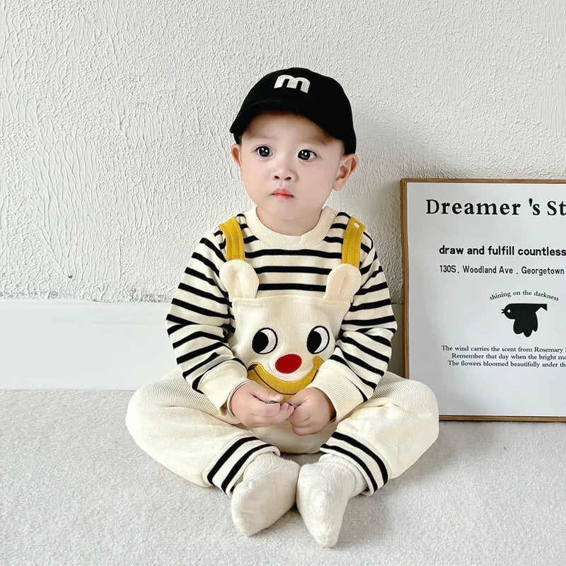 Spring Autumn New Newborn Boys Romper Fake Two Pieces Cartoon Eyes Print Infant Boys Bodysuit Patched Striped Baby Boys Jumpsuit