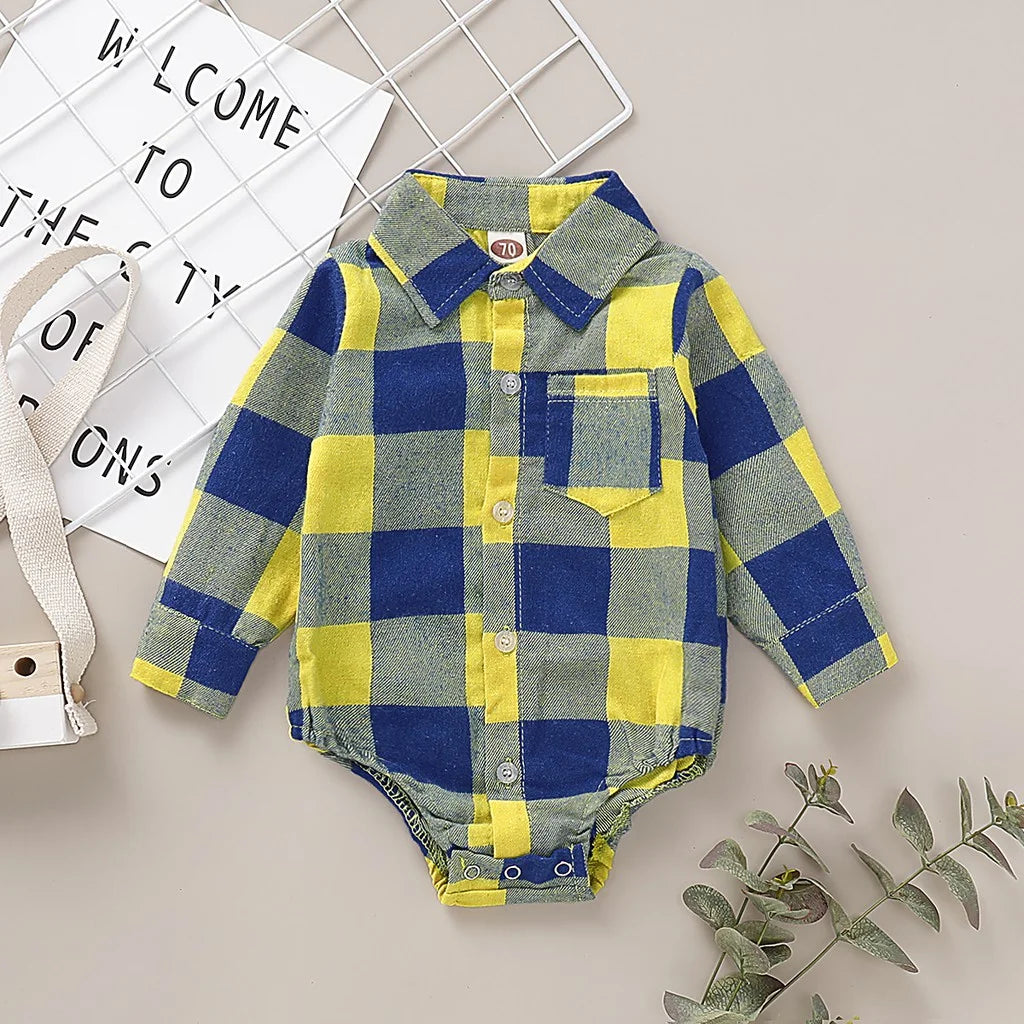 0-18 Months Newborn Baby Boy Bodysuit Plaid Long Sleeved Lapel Shirt Romper Gentleman Jumpsuit Fashion Wear for Toddler Boy