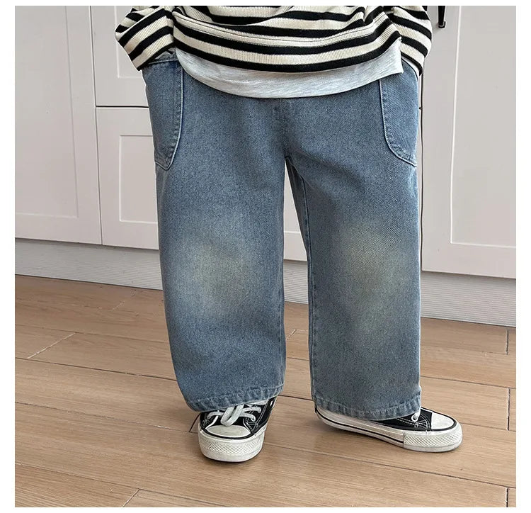 2025 Spring Autumn Kid Boys Denim Pants Side Pocket Polished White Children Boys Pants Elastic Waist Casual Baby Boys Trousers