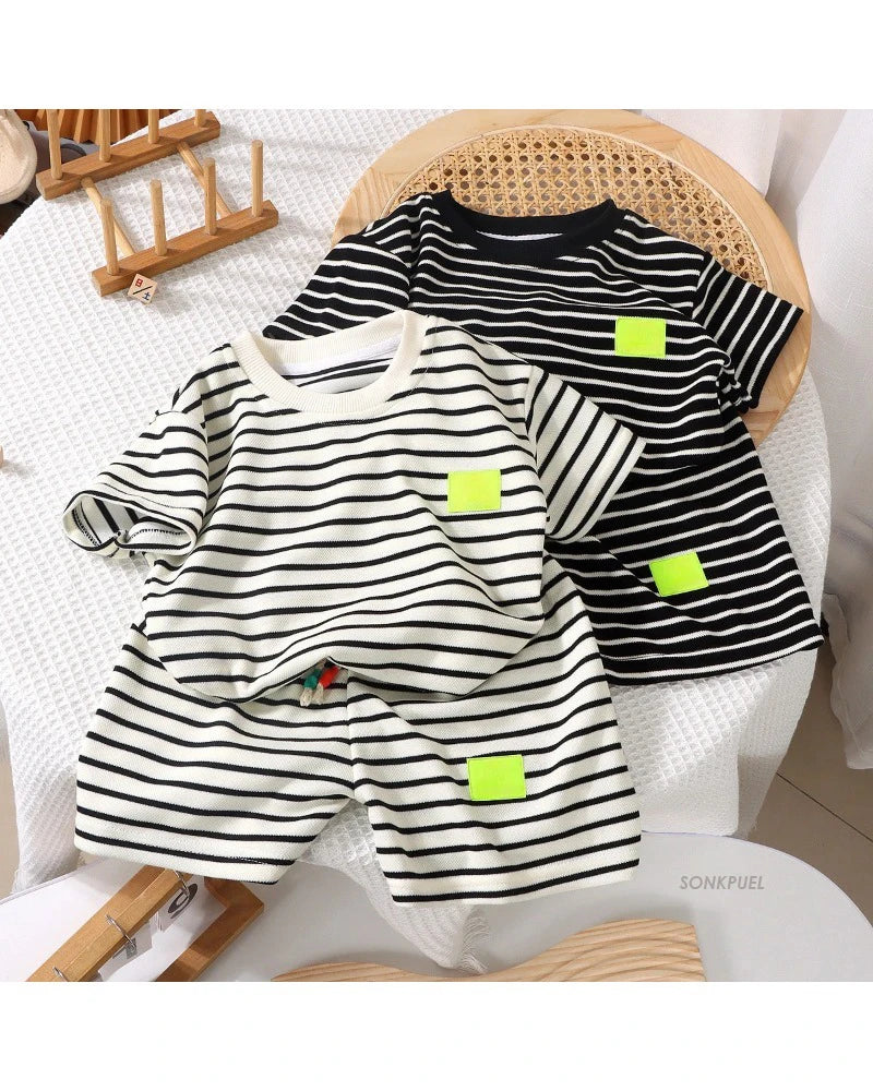 2Pcs Fashion Children Short Sleeve Shorts Sets Summer Kids Clothes Boys Baby Cotton Tee Pant Outfits Black and White Stripe