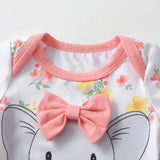 Summer Newborn Baby Girl Cute Clothes Set Elephant Printed Short Sleeve Romper Top with Bow and Long Pants with Hat 3PCS Outfit