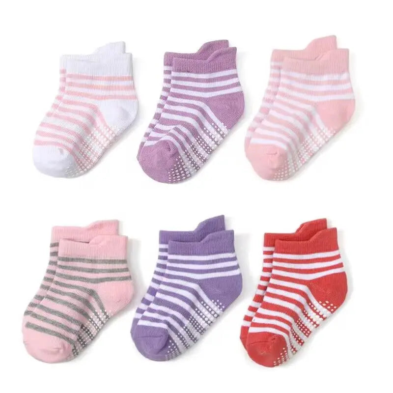 6 Pairs/lot Cotton Sock with Rubber Grips Children's Anti-slip Boat Socks Non-slip Socks for Boys1-7Years