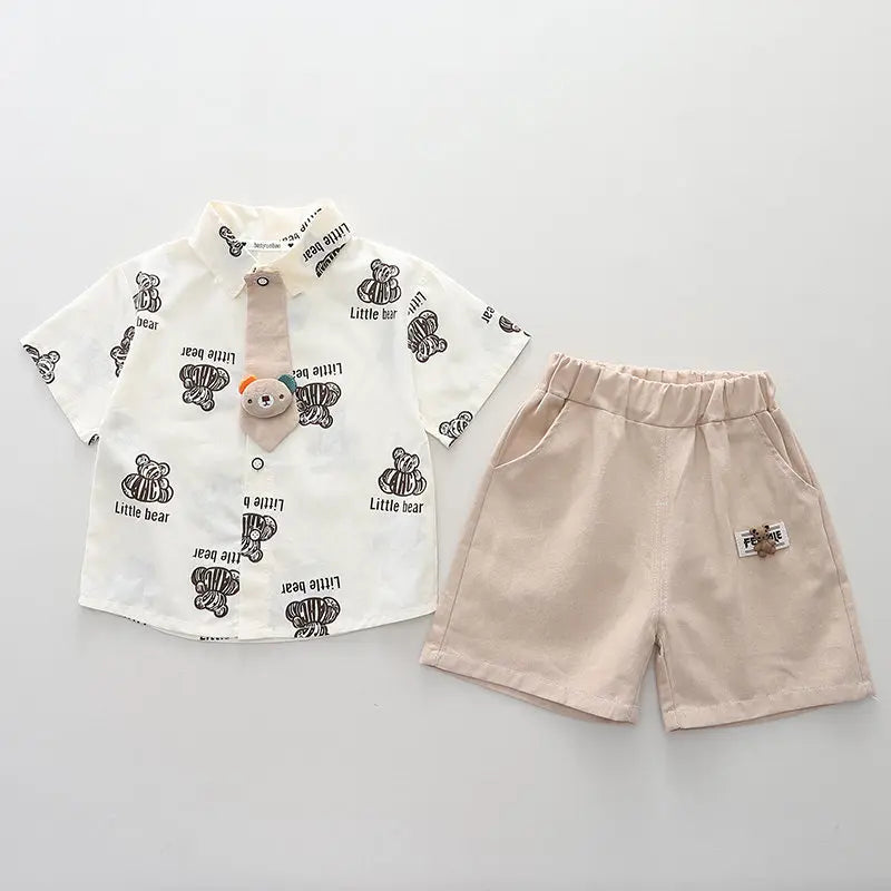 Children Clothes Spring Cartoon Kids Boy Short Sleeve Full Printe Bear Shirts Pants 2Pcs/Set Tie Kid Fashion Toddler Tracksuits