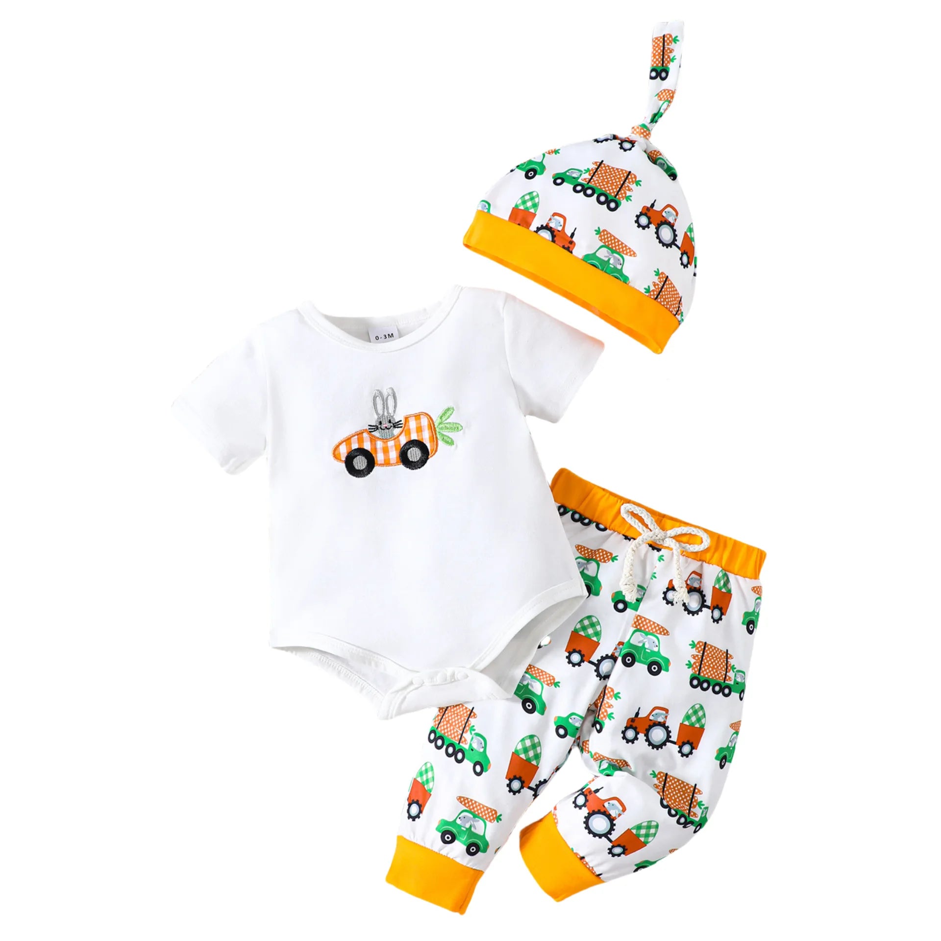 Spring/Summer Baby Clothes Set 0-18M Cartoon Bunny Embroidered Short Sleeve Bodysuit Pants Hat 3Pcs Toddler Boys Girls Outfit