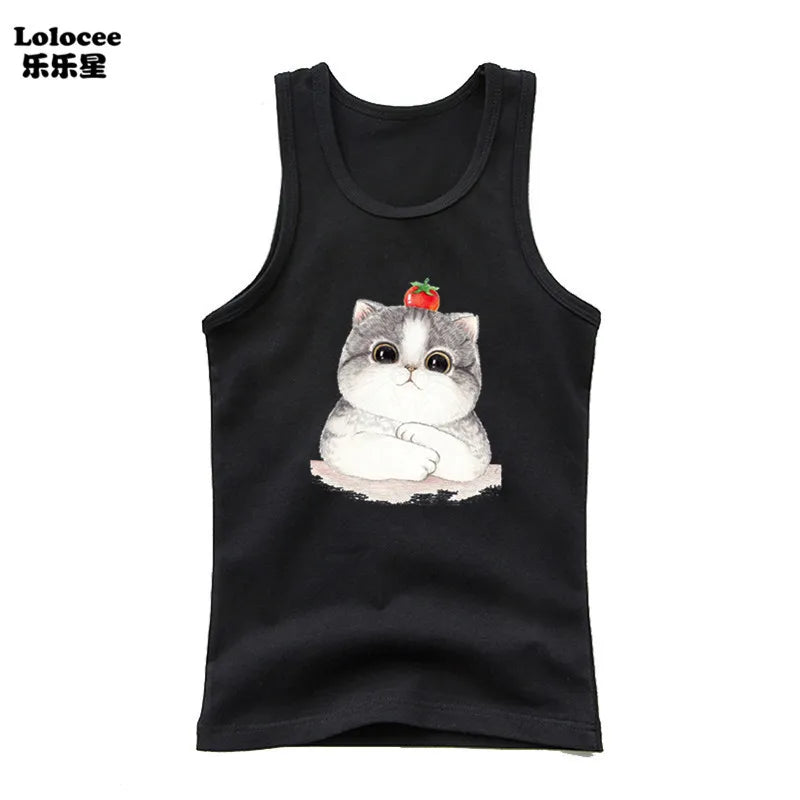 2024 Summer Girls Cute Cat Print  Vest Princess Girl Fashion Tank Top Kids Sleeveless T-shirt 3-14y