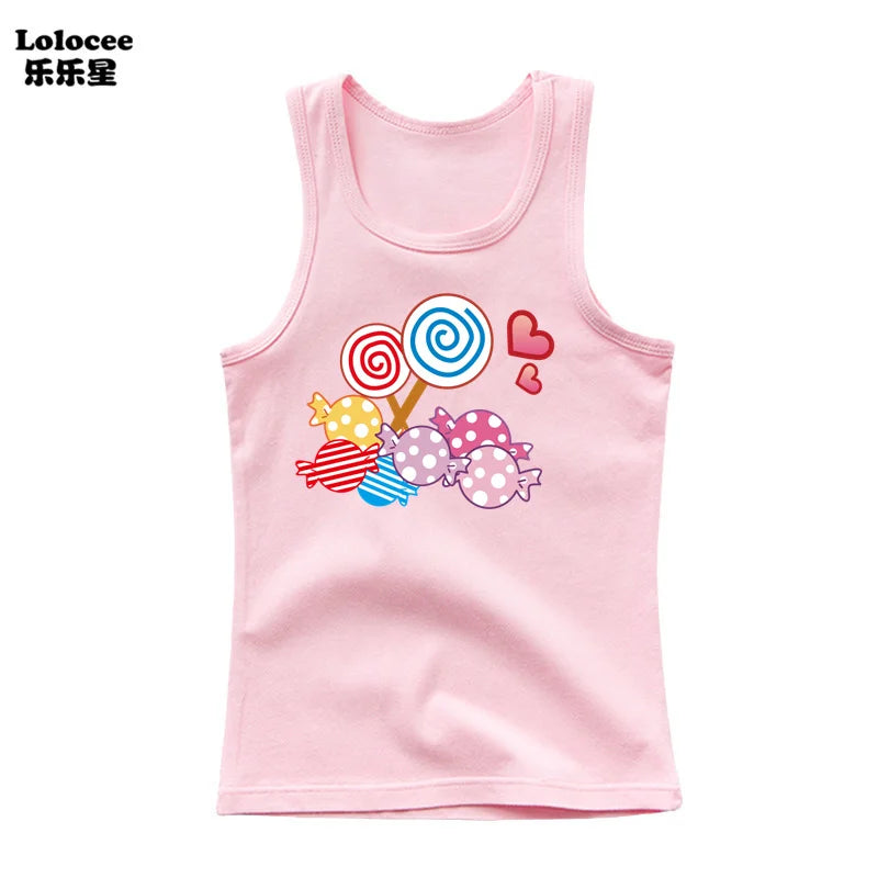 2024 Summer Girls Cute Cat Print  Vest Princess Girl Fashion Tank Top Kids Sleeveless T-shirt 3-14y