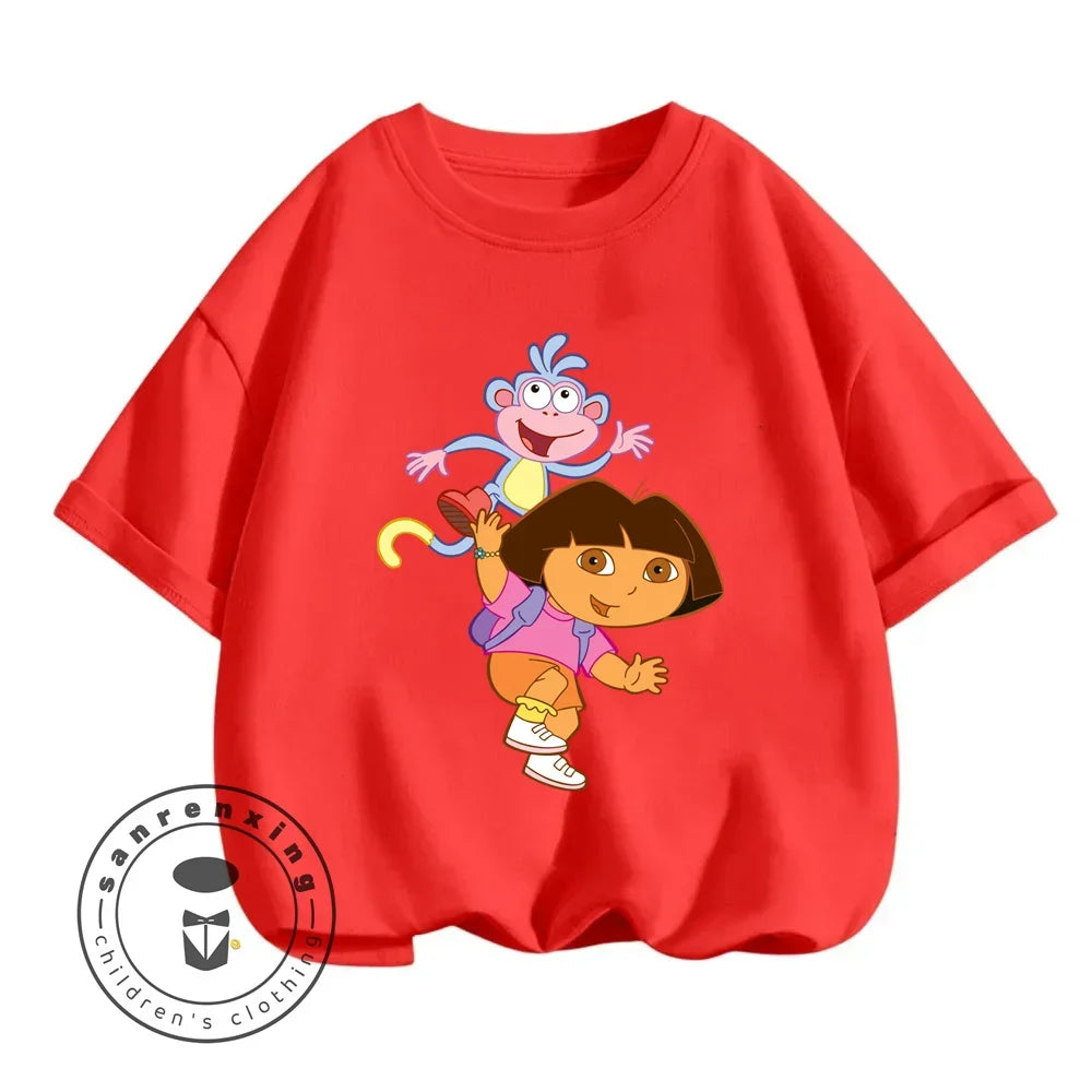 Fun Boys Girls Fashion T-shirt Dora Animated Cartoon Printed Kids T-shirt Hip Hop Boys Clothes White Short Sleeve Shirt Top